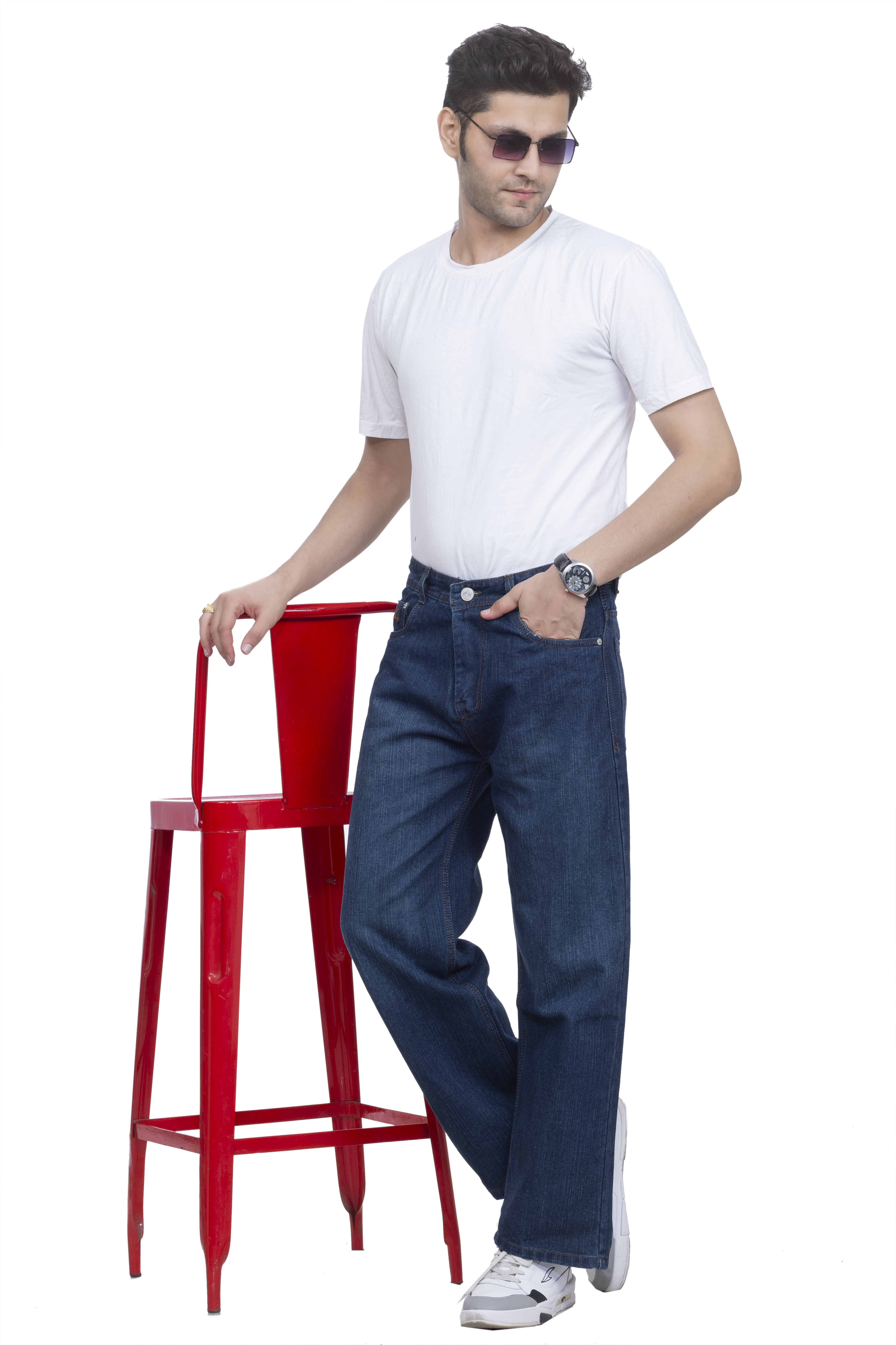 Drapes&Dream Dark Blue Men's Premium Slub Washed Straight Fit Denim Jeans