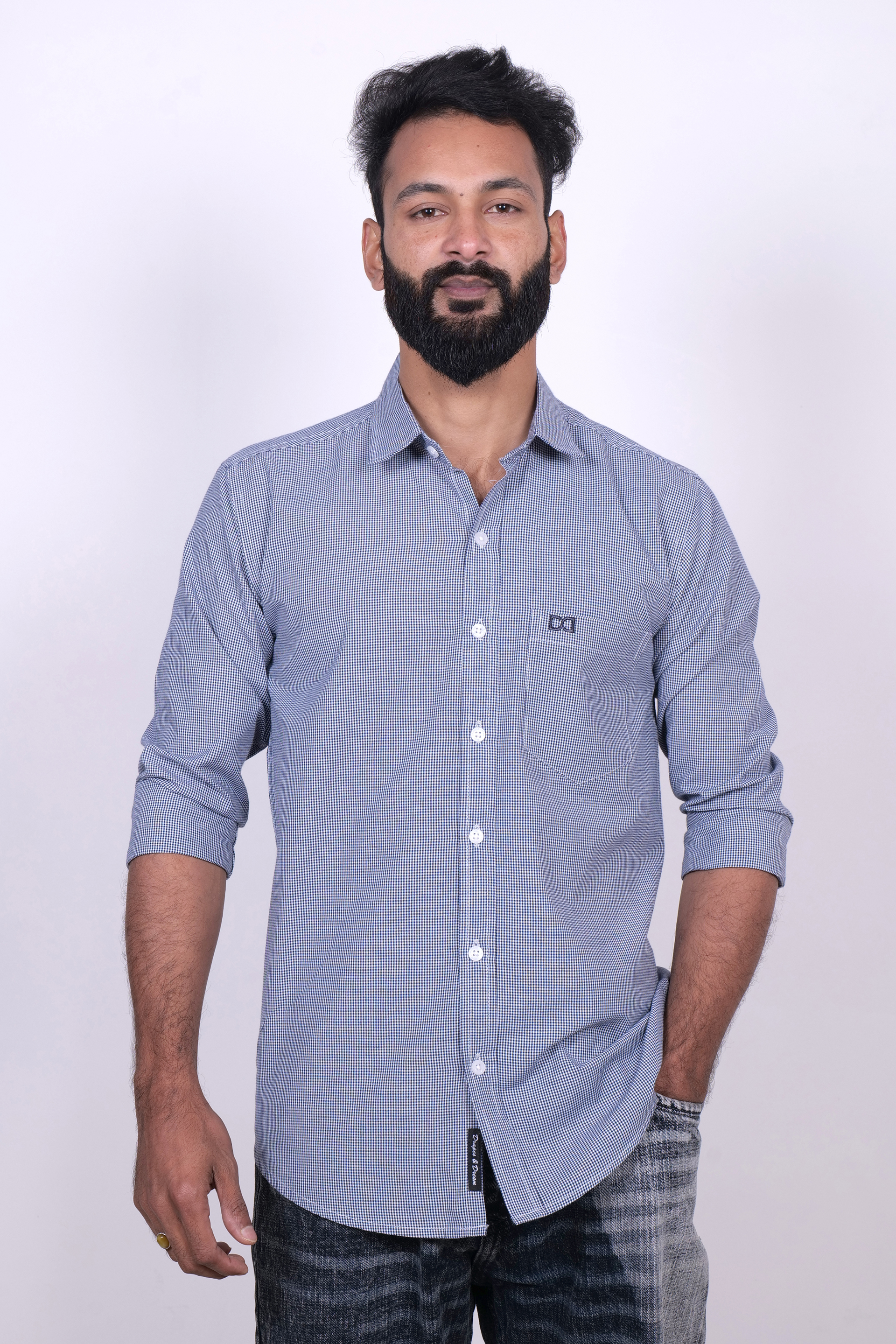 Drapes&Dream Men's Navy Blue Casual Cotton Micro-Check Shirt
