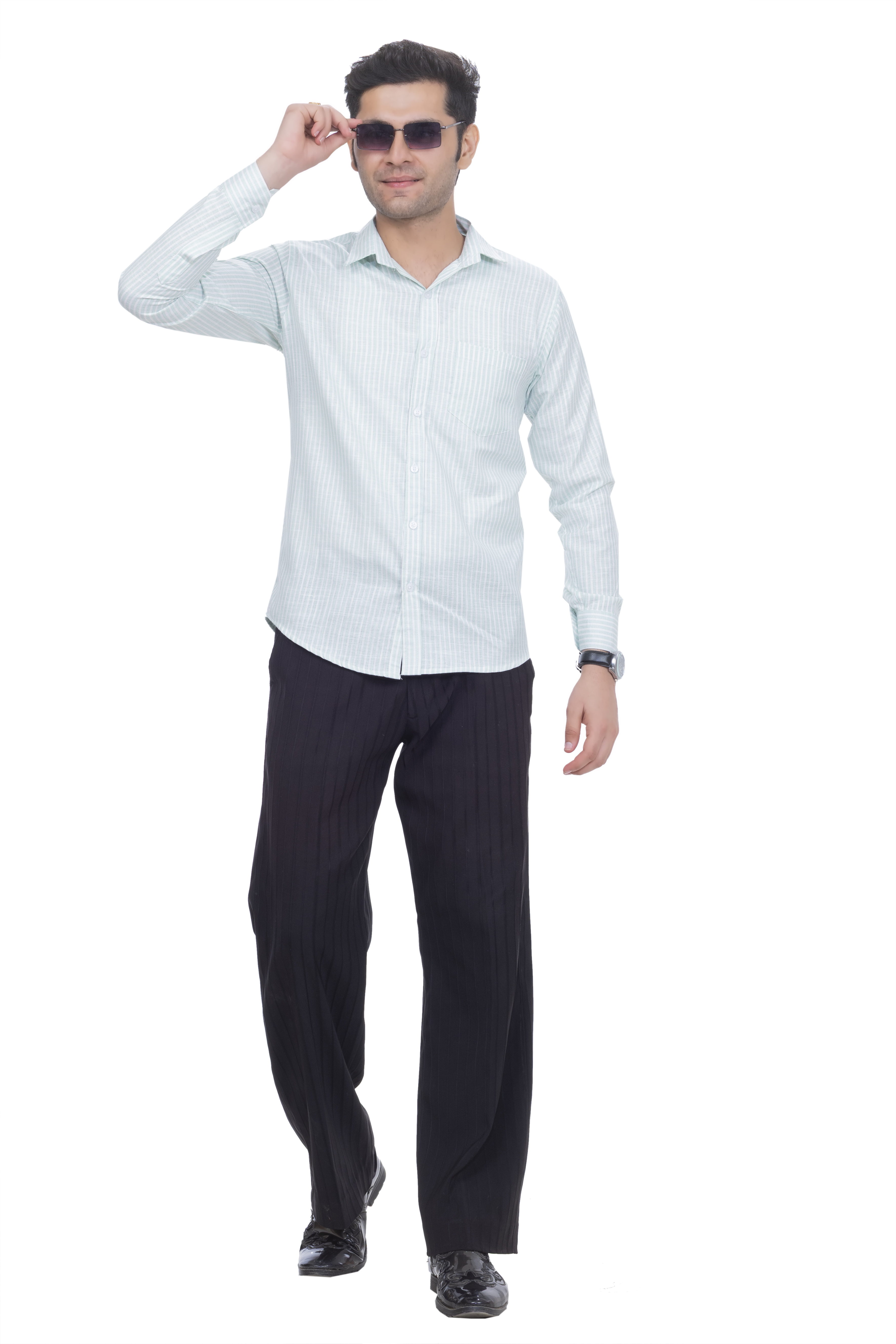 Drapes&Dream Pistachio Green Striped Linen Casual Men's Shirt