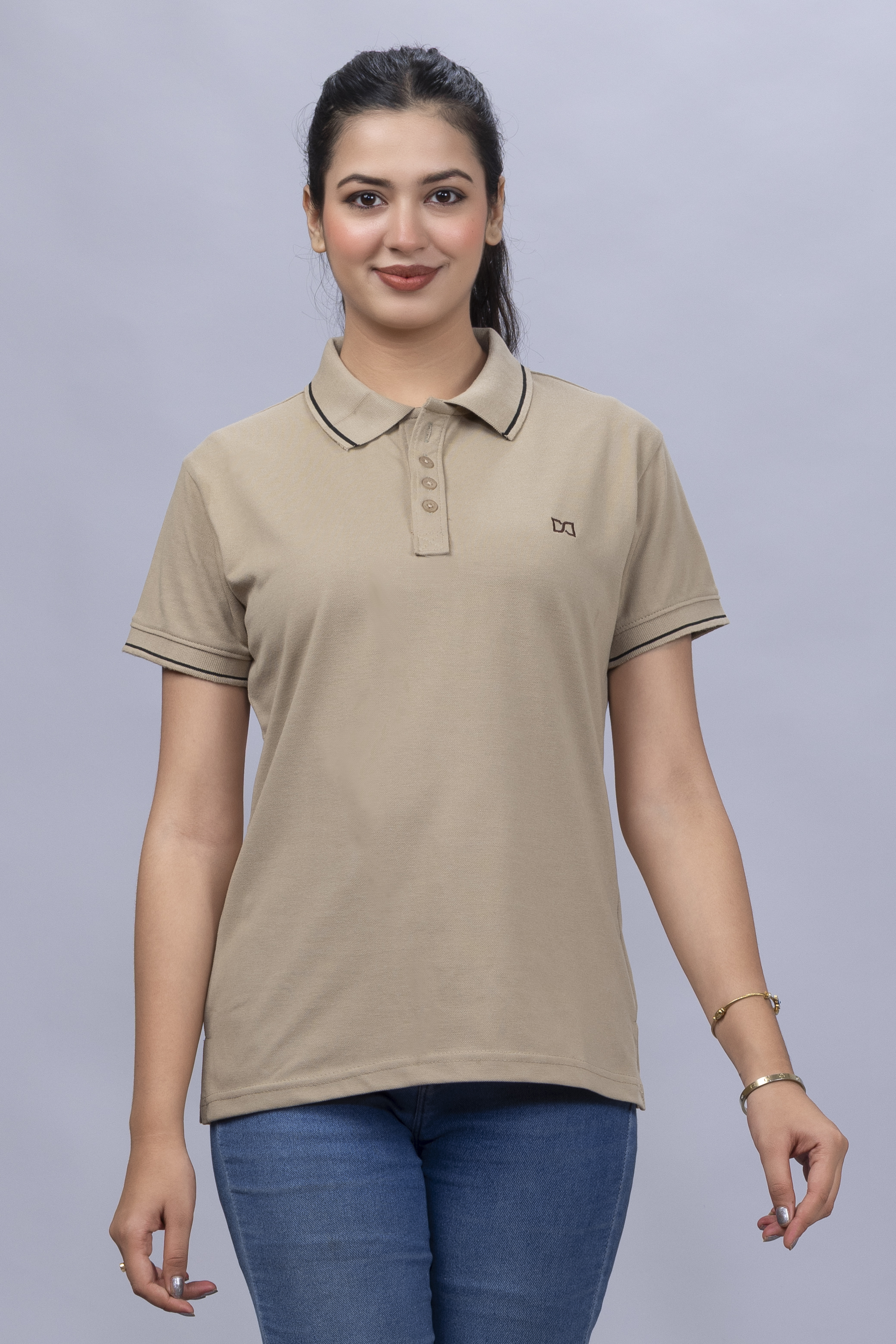 Drapes&Dream Women's Beige Polo T-Shirt - Regular Fit Half Sleeve