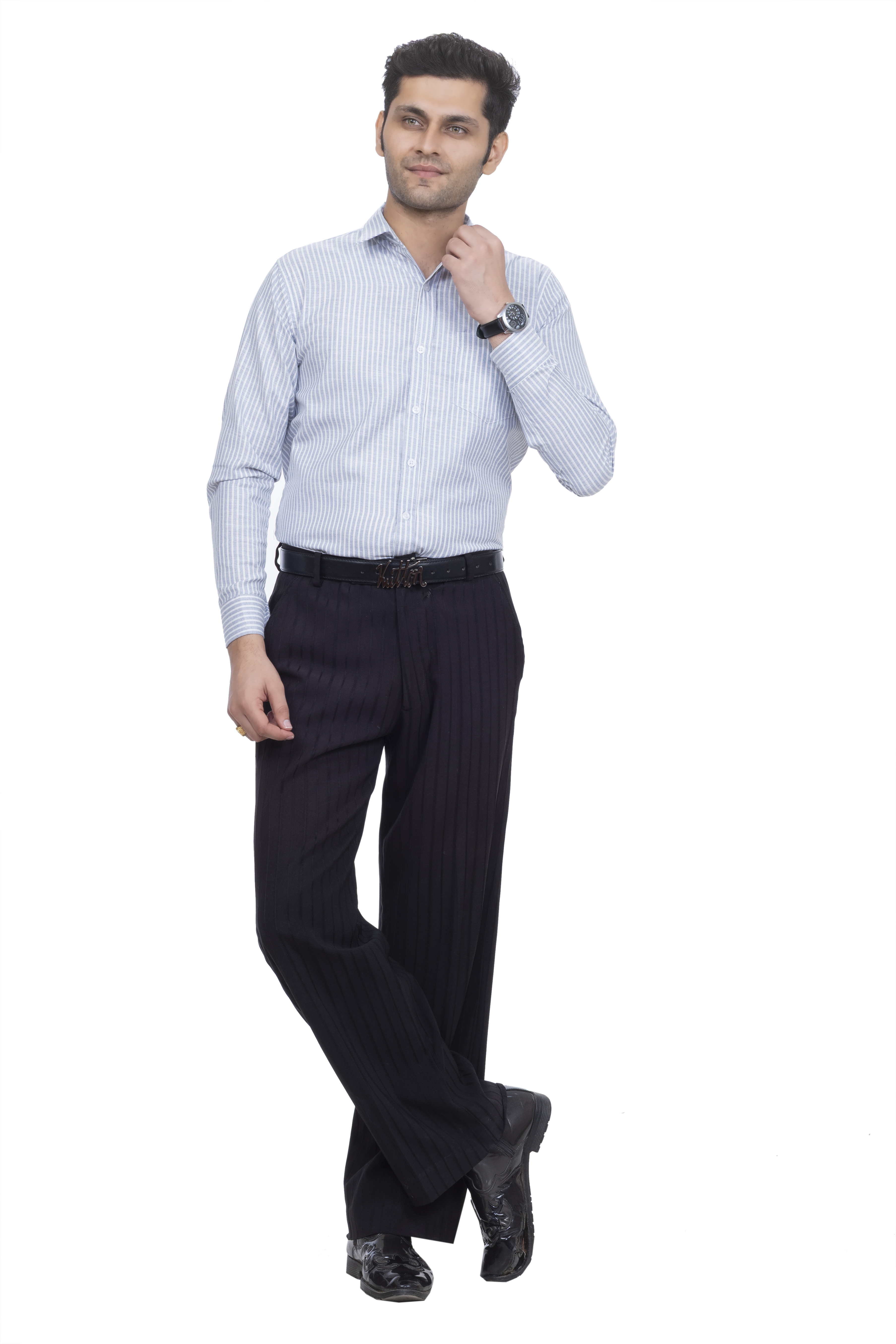 Drapes&Dream Light Blue Gray Striped Casual Men's Shirt