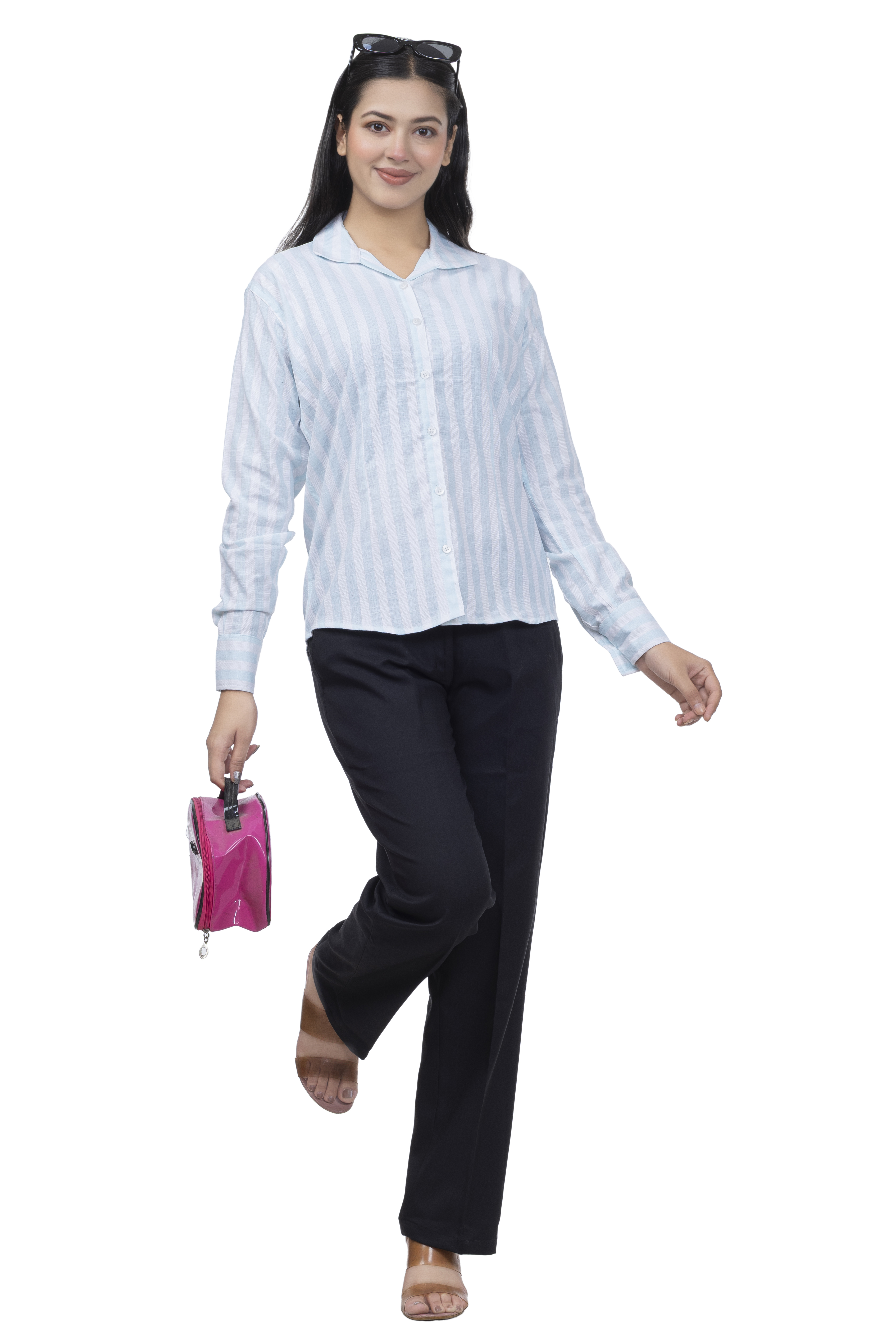 Drapes&Dream Women's Quench Blue Striped Soft Slub Formal Shirt