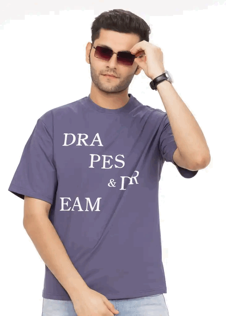 Drapes&Dream Purple Men's Oversized Typography Printed T-Shirt | Round Neck Half Sleeve