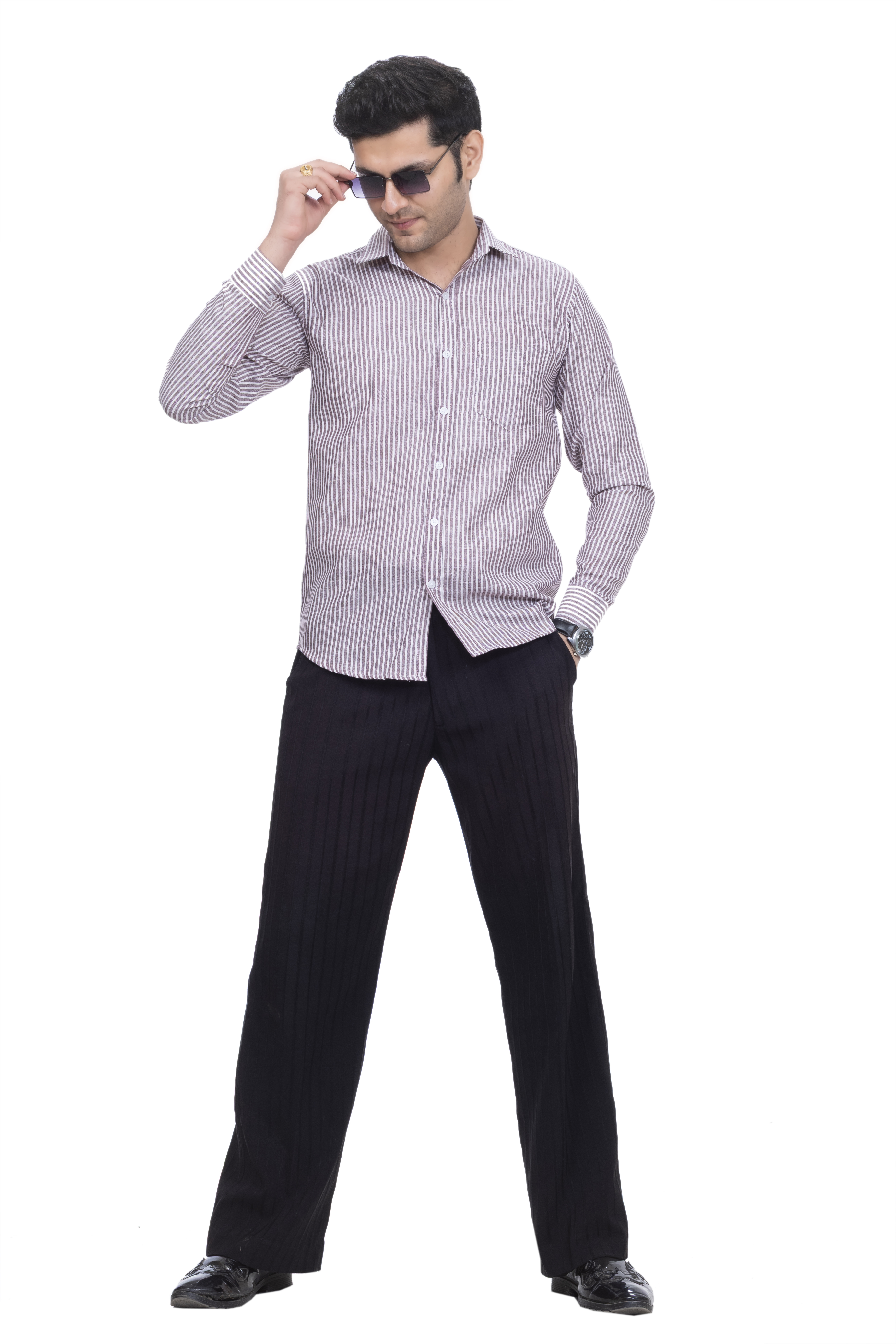 Drapes&Dream Maroon Striped Linen Casual Men's Shirt
