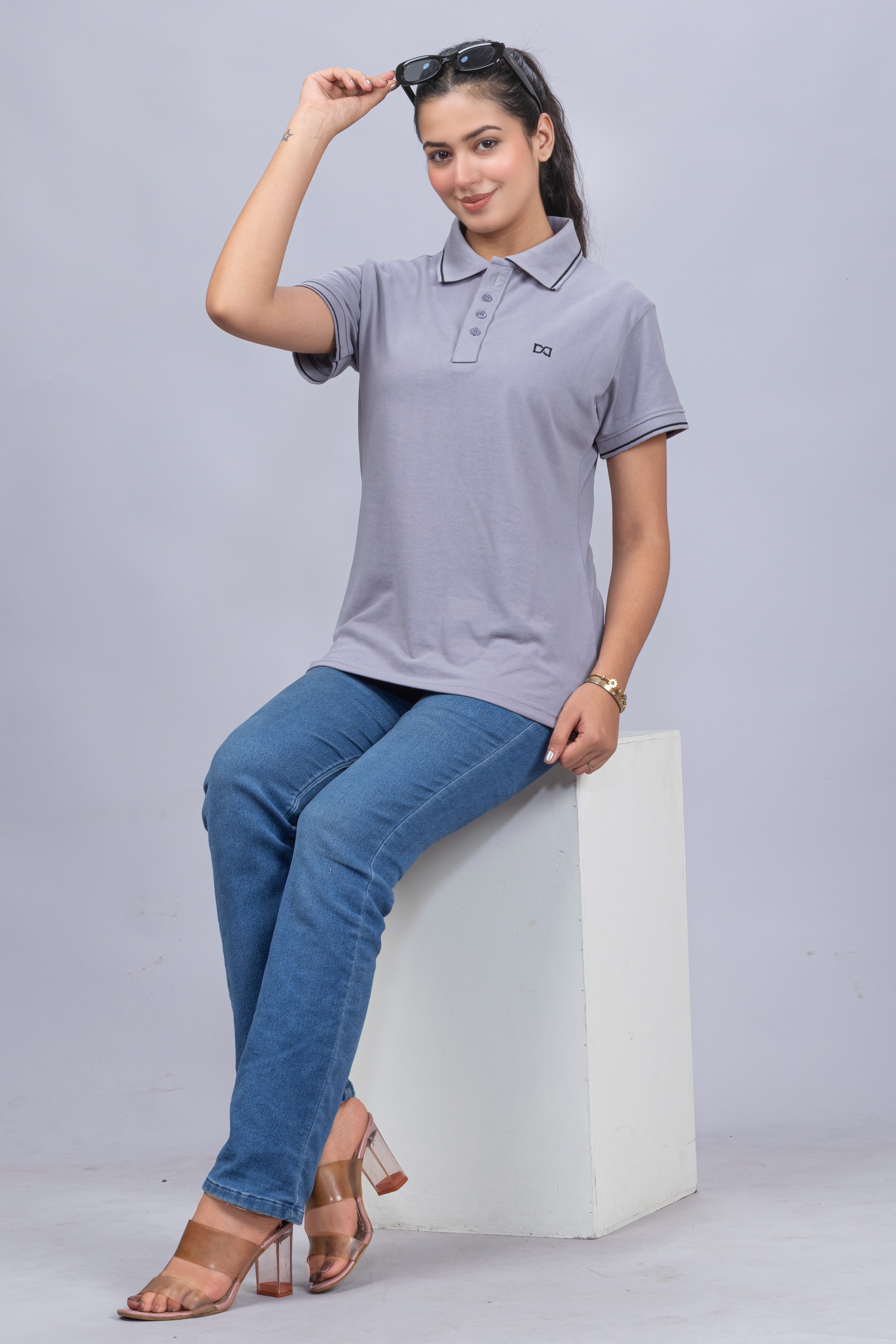 Drapes&Dream Women's Light Grey Polo T-Shirt - Regular Fit Half Sleeve