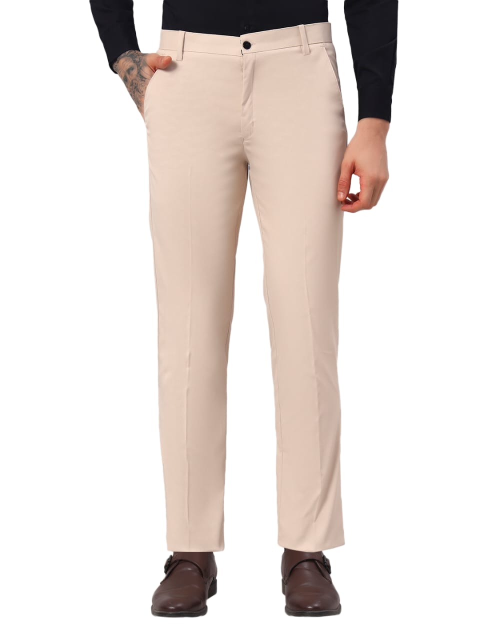 Drapes&Dream Cream Knit Lycra Formal Straight Fit Men's Trouser