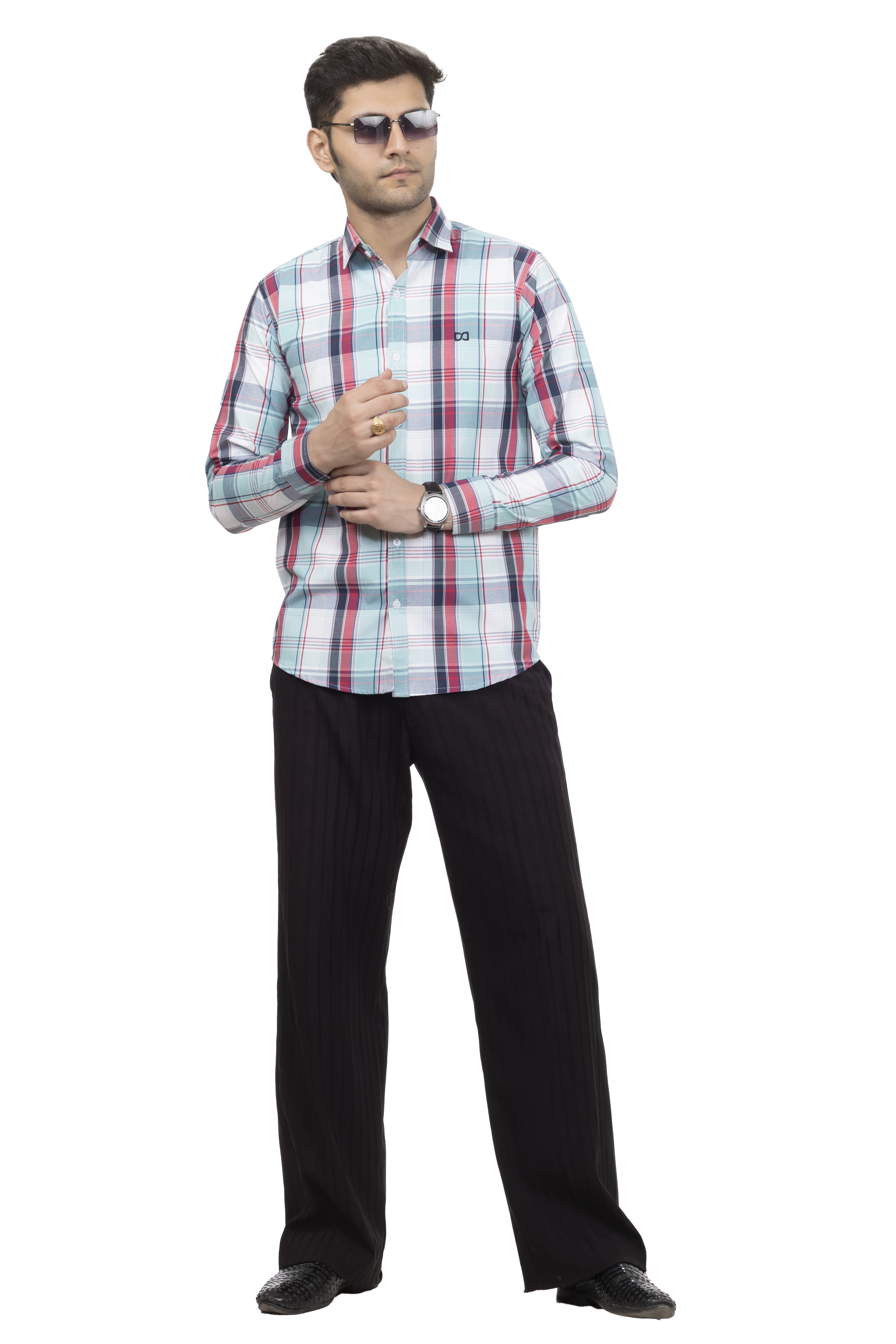 Drapes&Dream Turquoise-Red Check Casual Men's Shirt