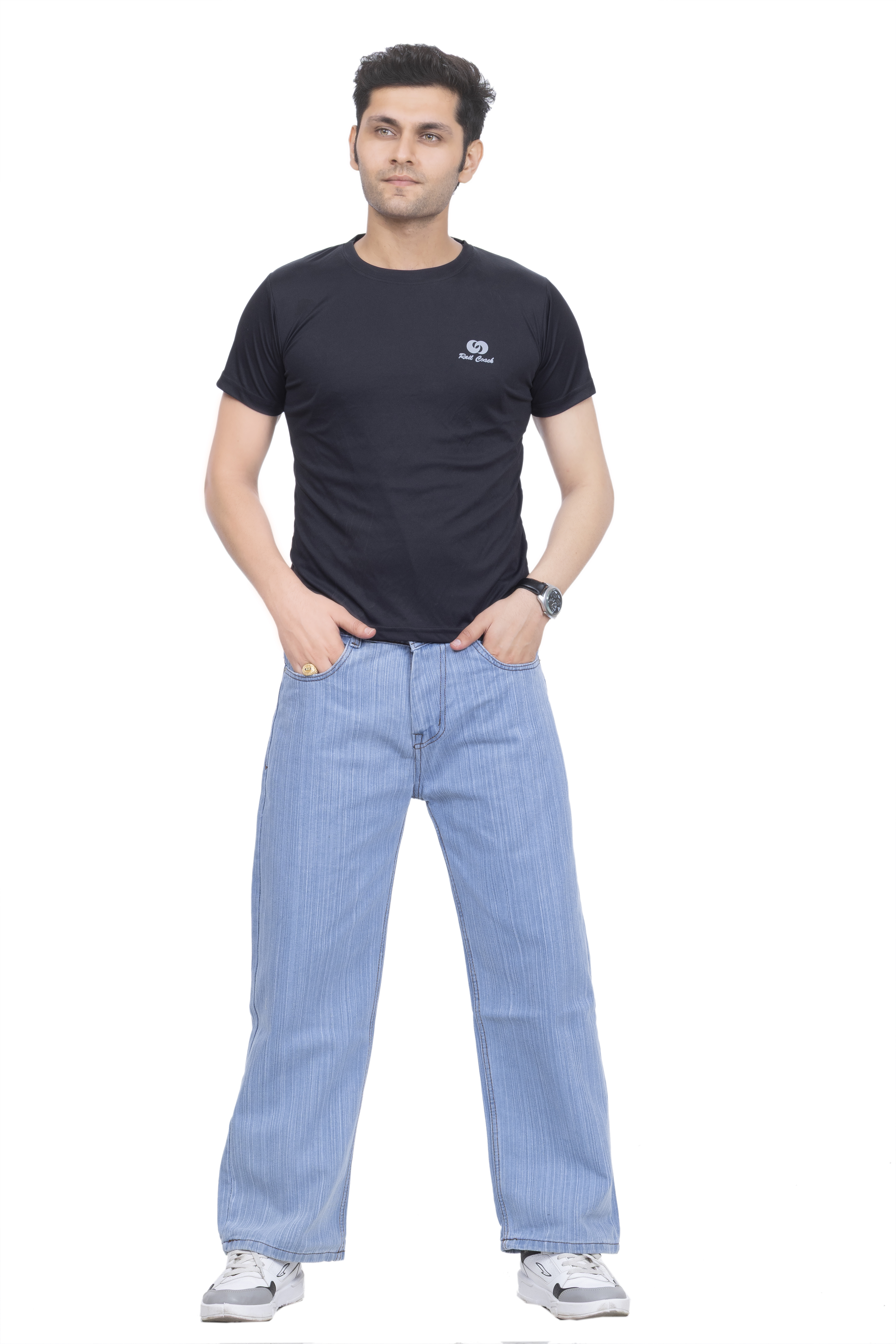 Drapes&Dream Ice Blue Men's Premium Slub Washed Straight Fit Denim Jeans