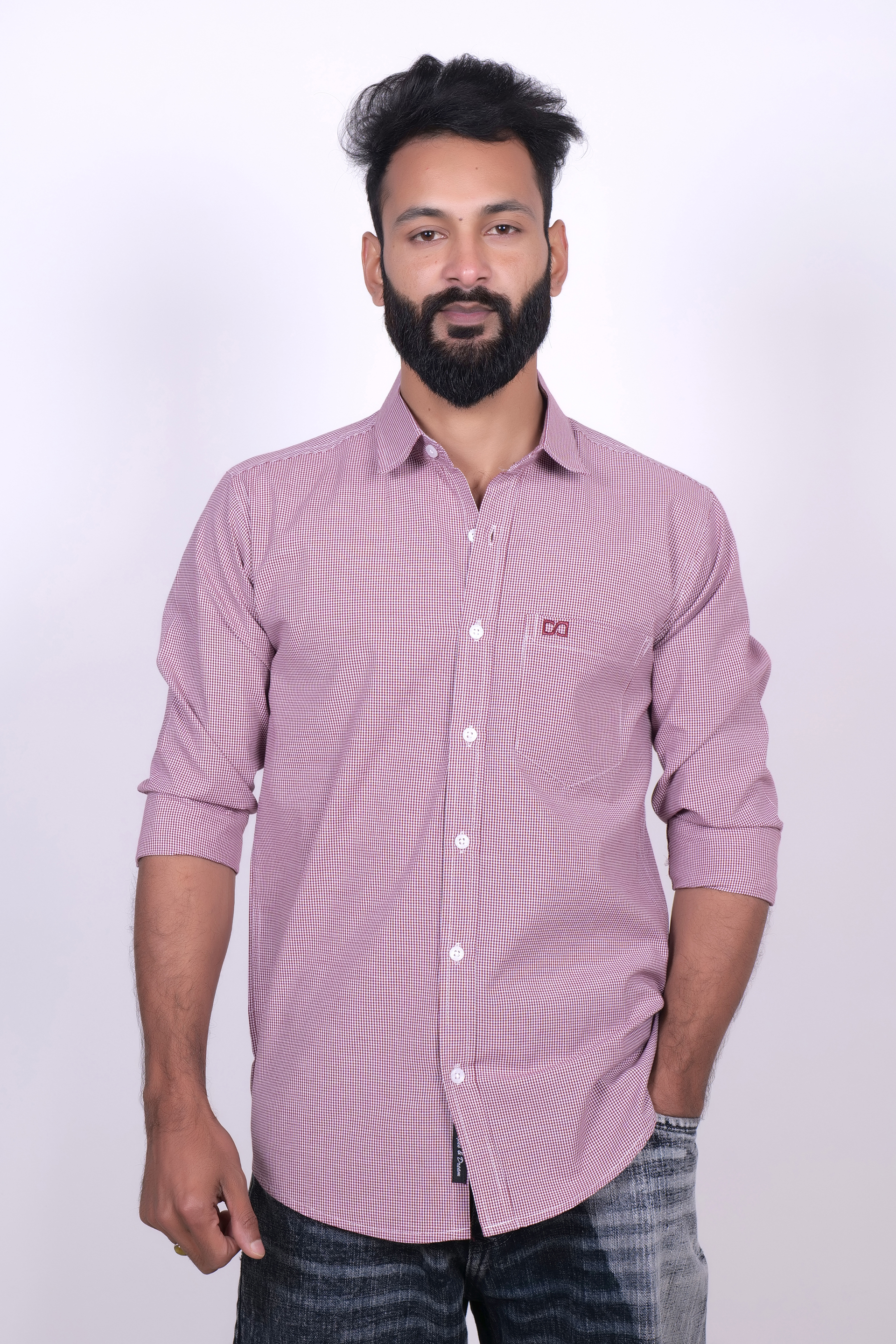 Drapes&Dream Men's Wine Casual Cotton Micro-Check Shirt
