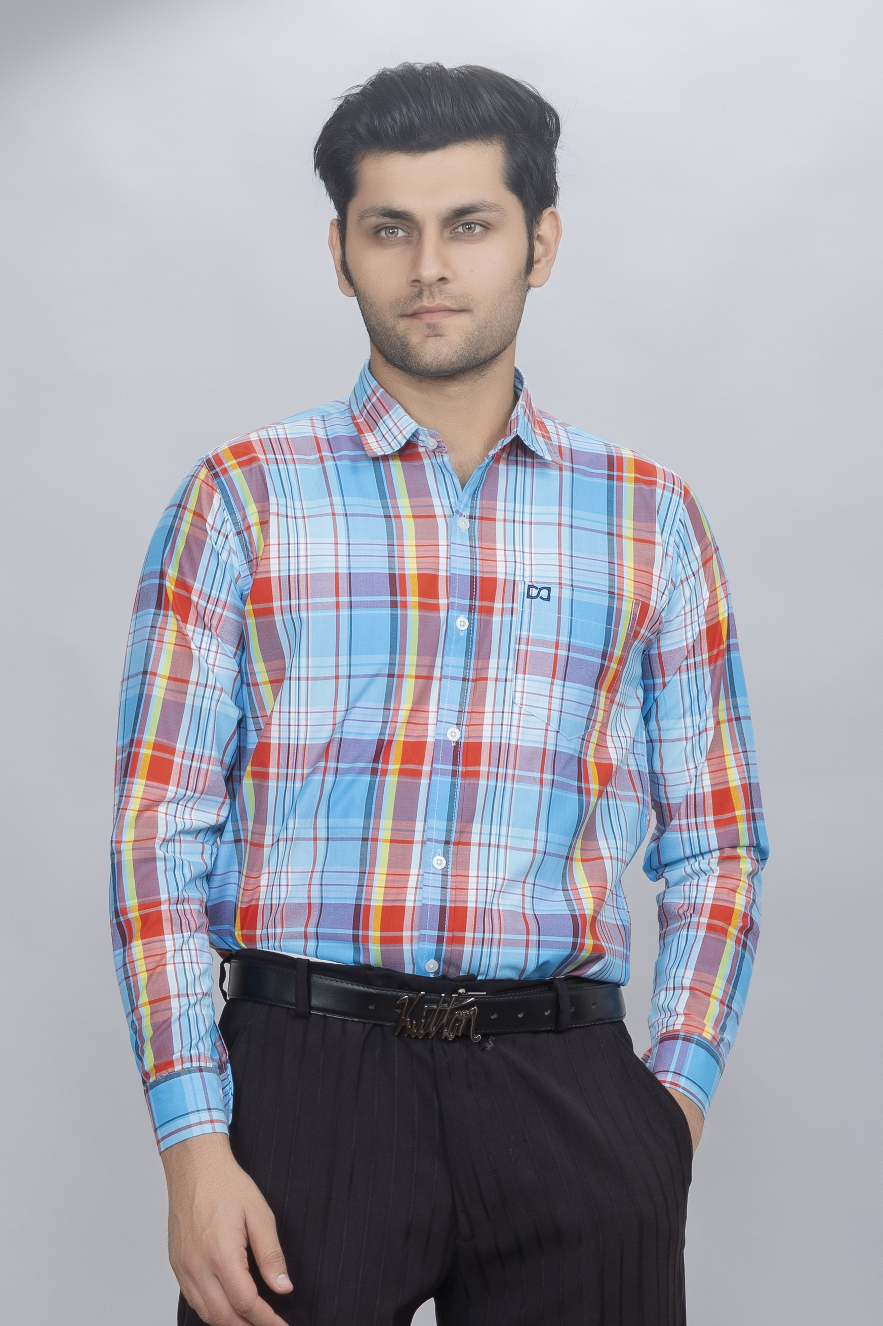 Drapes&Dream Cotton Light Sky Blue Check Casual Men's Shirt