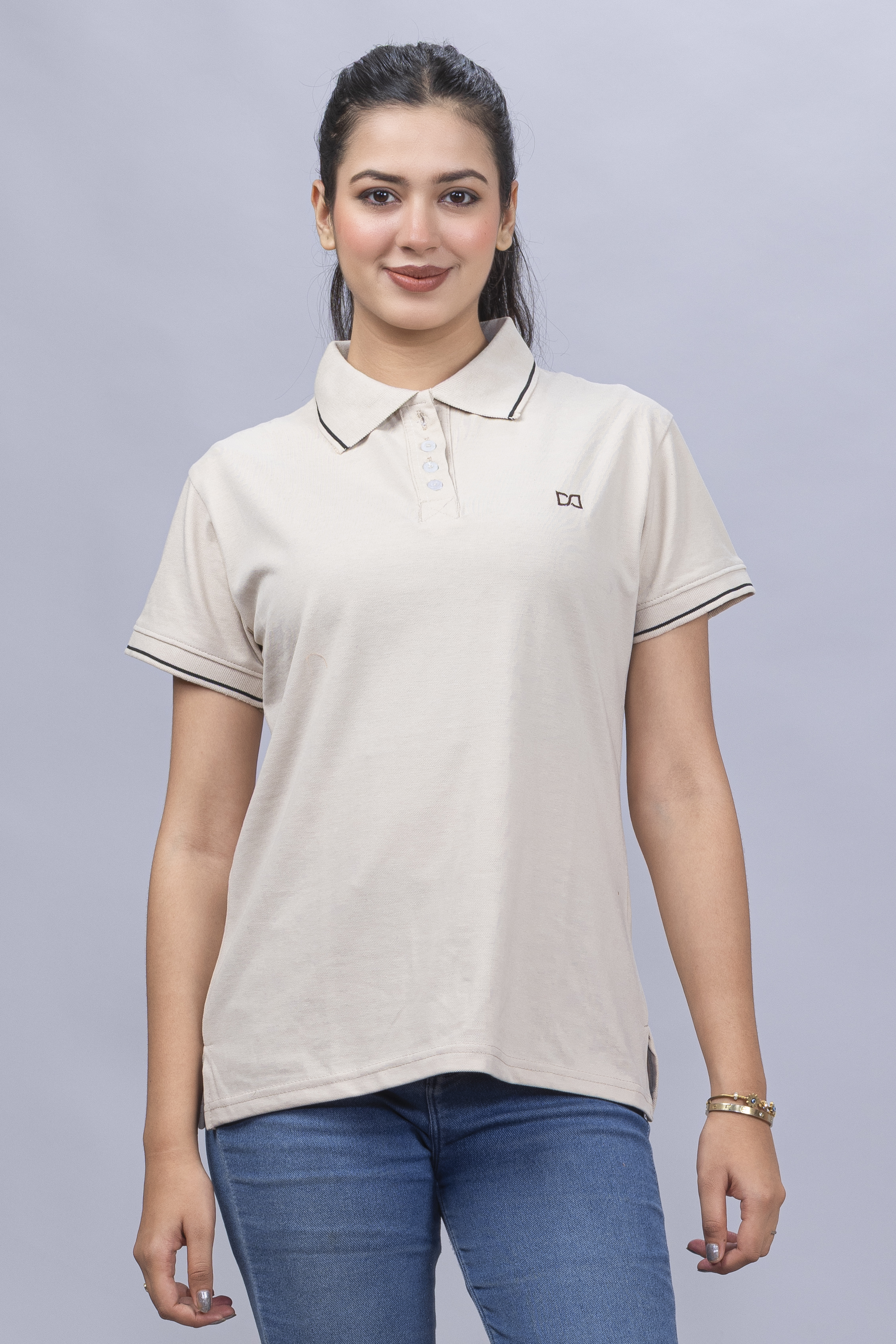 Drapes&Dream Women's Cream Polo T-Shirt - Regular Fit Half Sleeve
