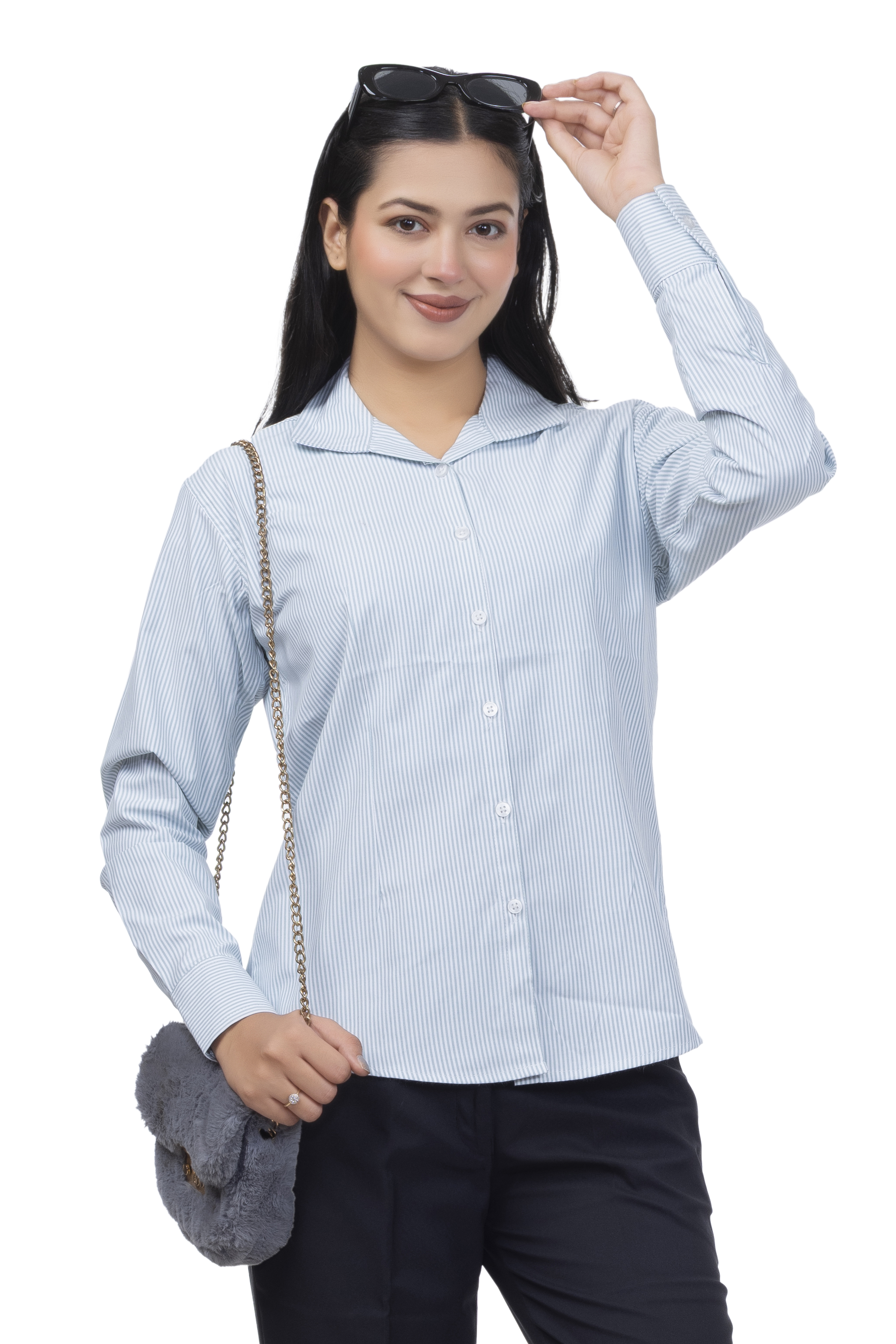 Drapes&Dream Women's Pistachio Green Striped Cotton Formal Shirt
