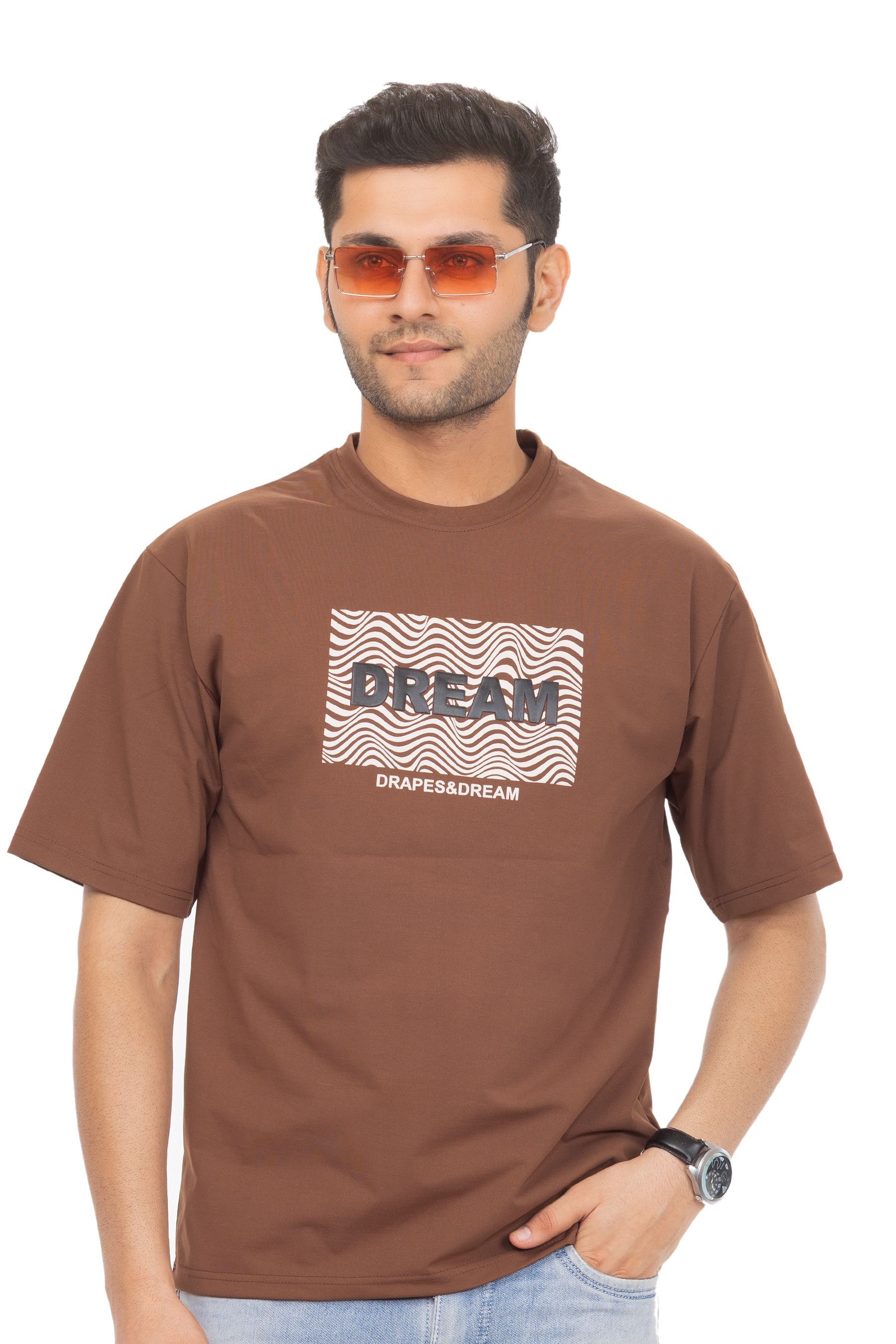 Drapes&Dream Brown Men's Oversized Graphic Printed T-Shirt | Round Neck Half Sleeve