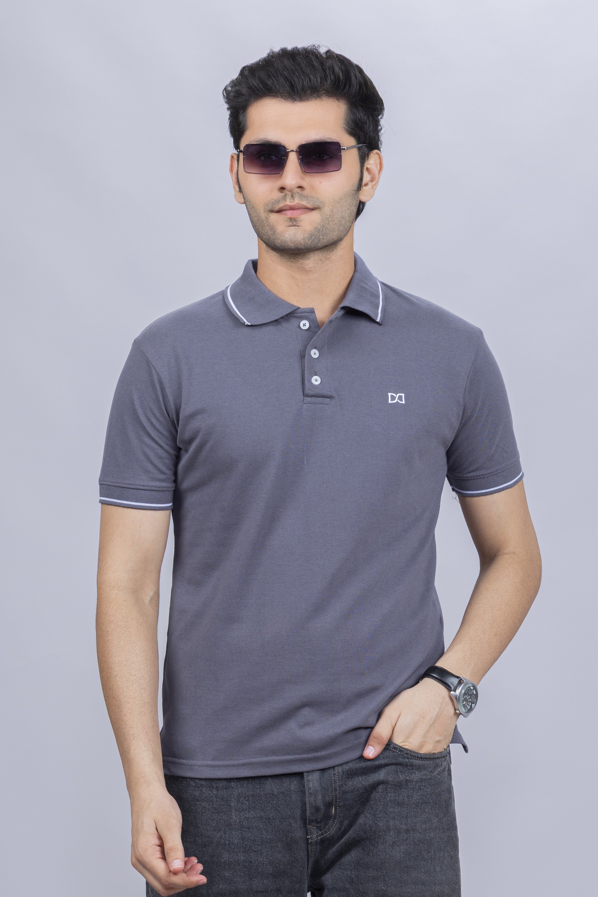 Drapes&Dream Men's Dark Grey Polo T-Shirt - Regular Fit Half Sleeve
